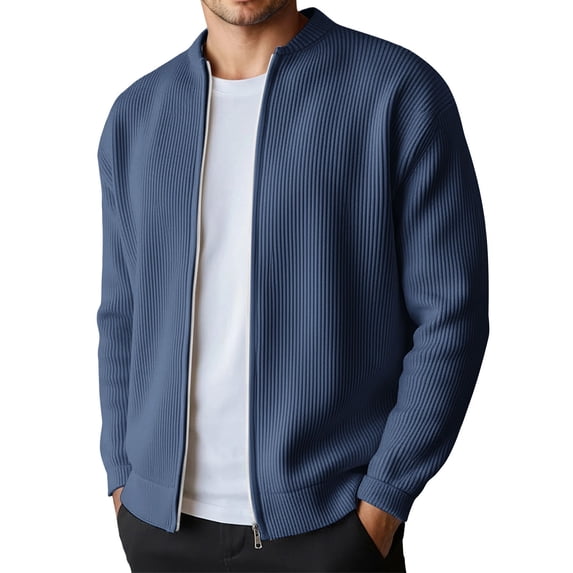 Mens Zip Up Sweater Jacket Light Slim Fit Knit Stand Collar Ribbed Jackets Color Navy Size XXL