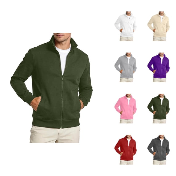 Mens Zip Up Sweatshirt Long Sleeve Stand Collar Plain Casual Jacket with Pockets Fall Winter Outerwear