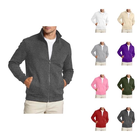 Mens Zip Up Sweatshirt Long Sleeve Stand Collar Plain Casual Jacket with Pockets Fall Winter Outerwear