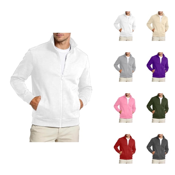 Mens Zip Up Sweatshirt Long Sleeve Stand Collar Plain Casual Jacket with Pockets Fall Winter Outerwear
