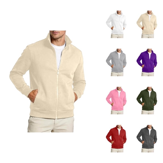 Mens Zip Up Sweatshirt Long Sleeve Stand Collar Plain Casual Jacket with Pockets Fall Winter Outerwear