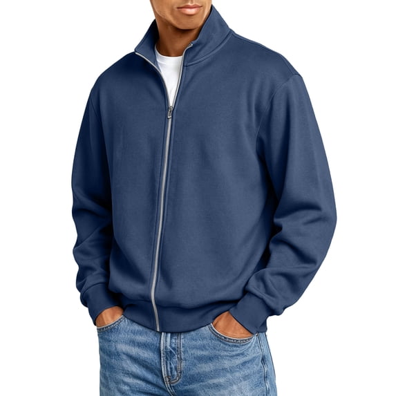Mens Zip Up Sweatshirt No Hood Mock Neck Sweatshirts Men's Fleece Jackets Full Zip Lightweight Jacket Seam Pocket Navy XL