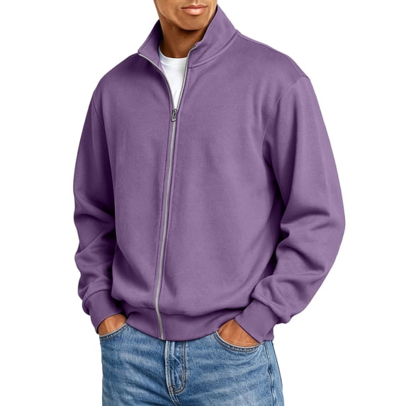 Mens Zip Up Sweatshirt No Hood Mock Neck Sweatshirts Men's Fleece Jackets Full Zip Lightweight Jacket Seam Pocket Purple M