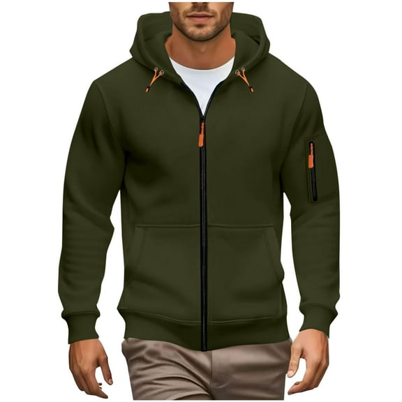 Mens Zip Up Sweatshirt Solid Long Sleeved Outwear Jacket Casual Hooded Outfits with Pockets Olive Green S