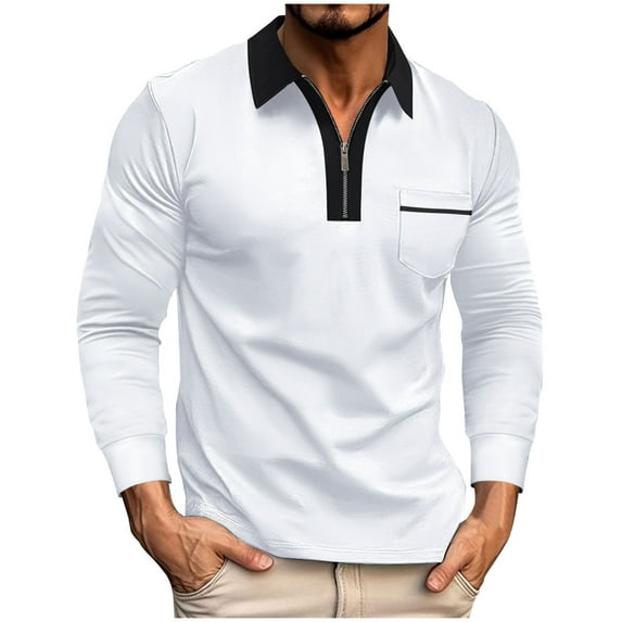 Mens Zip Up T-Shirts, Long Sleeve Shirts for Men Fall Business Casual Solid Color Full Zip Lapel Tshirts with Pockets