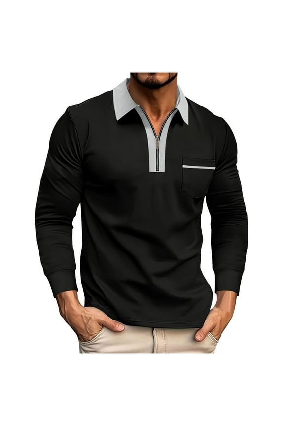 Mens Zip Up T-Shirts, Long Sleeve Shirts for Men Fall Business Casual Solid Color Full Zip Lapel Tshirts with Pockets