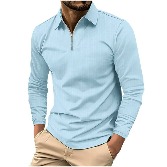 Mens Zip Up T-Shirts, Long Sleeve Shirts for Men Fall Business Casual Solid Color Half Zip Lapel Tshirts with Pockets M-3XL