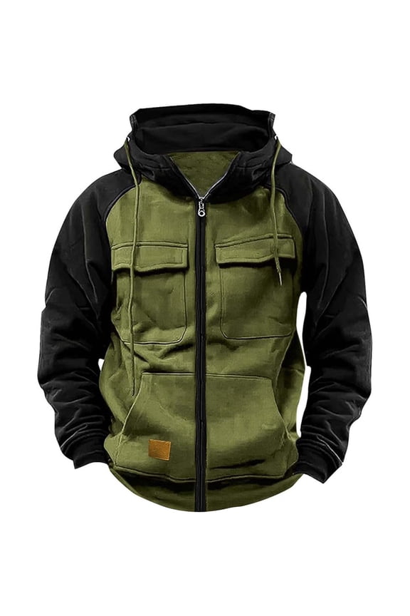 Mens Zip Up Utility Tactical Hoodie Regular Fit Long Sleeve Sweatshirt Jacket Cargo Arm Pocket Drawstring Hood Outdoor Training Wear Army Green XL