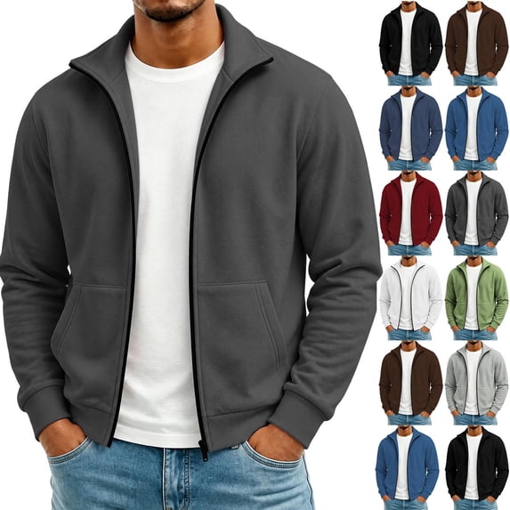 Mens Zip up Sweatshirt Stand Collar Track Jacket Lightweight Fleece Full Zip No Hood Athletic Jacket Casual Long Sleeve Outerwear with Pockets