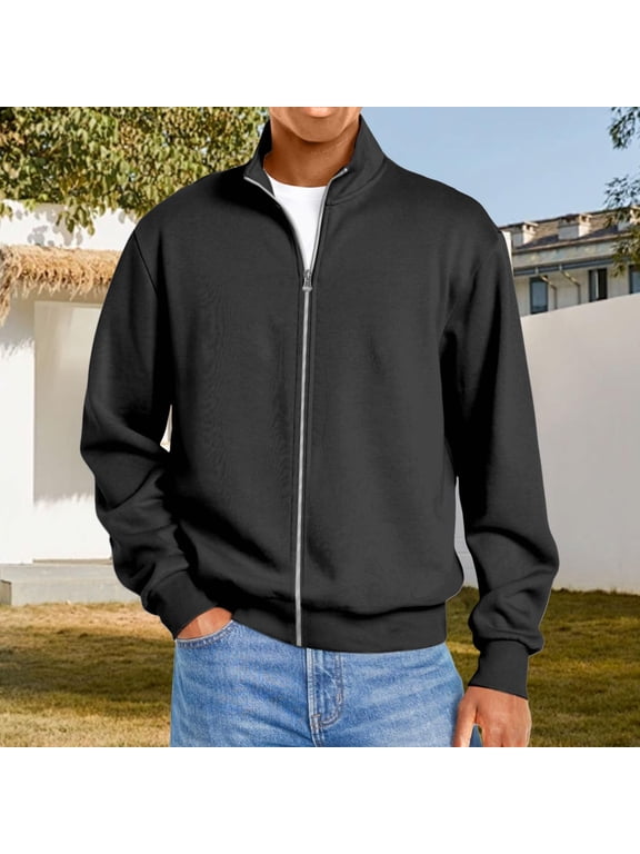 Mens Zip up Sweatshirt no Hood Long Sleeve Jacket Black 3XL