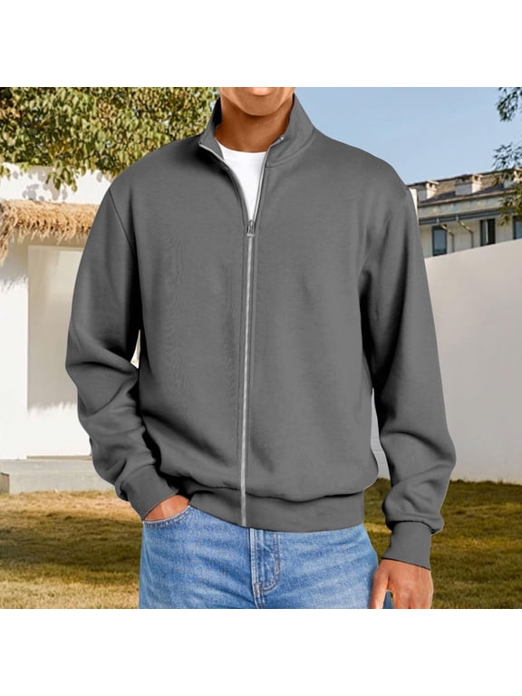 Mens Zip up Sweatshirt no Hood Long Sleeve Jacket Gray M