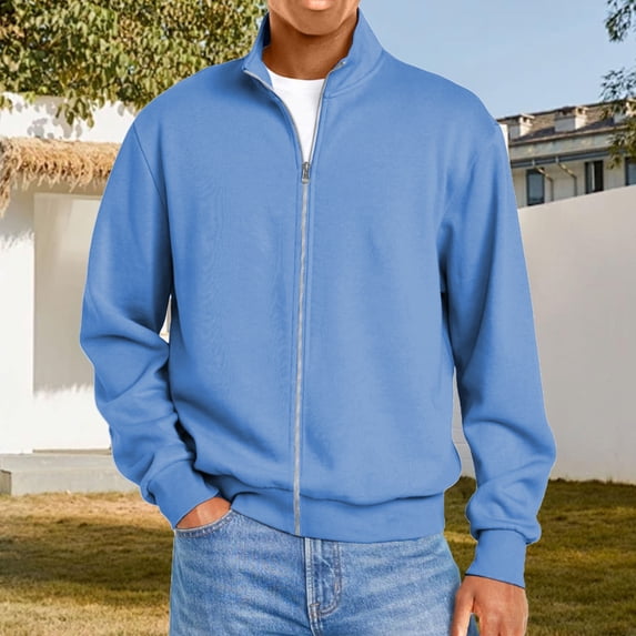 Mens Zip up Sweatshirt no Hood Long Sleeve Jacket Sky Blue L