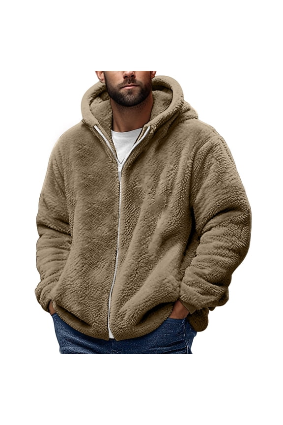 Mens Zipped Fleece Jacket,Plush Sherpa Thermal Jackets Teddy Fleece Hoodie Fall Winter Coat Windbreak Sweatshirt Warm Sports Cardigan Plush Casual Hooded Jacket Plus Size