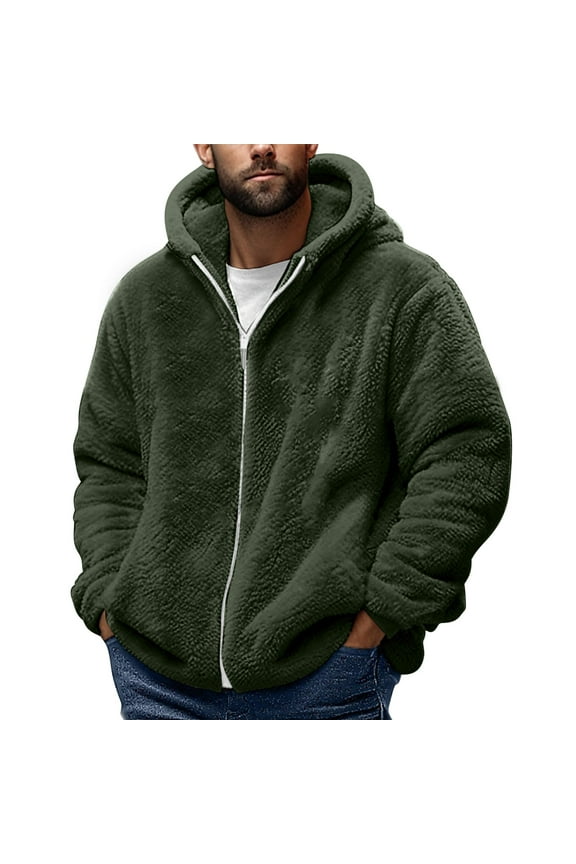 Mens Zipped Fleece Jacket,Plush Sherpa Thermal Jackets Teddy Fleece Hoodie Fall Winter Coat Windbreak Sweatshirt Warm Sports Cardigan Plush Casual Hooded Jacket Plus Size