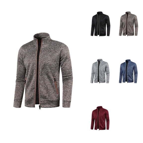 Mens Zipper Neck Solid Sweater, Long Sleeve Knitted Sweatshirt, Neck with Zipper Pockets, Casual Jogging Jacket