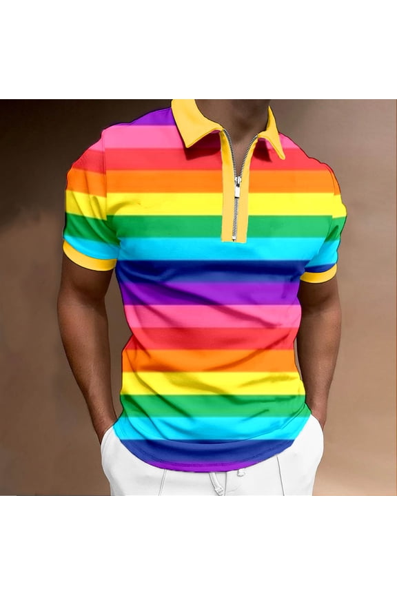 Mens Zipper Polo Shirt Rainbow Stripe Pattern Knit T Shirts Summer Casual Short Sleeve Top Pink XXXL