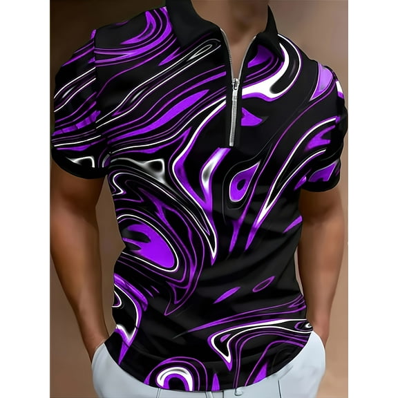 Mens Zipper Polo Shirts Short Sleeve Moisture Wicking Outdoor Golf Shirt Collared Athletic Tennis Polo Purple L