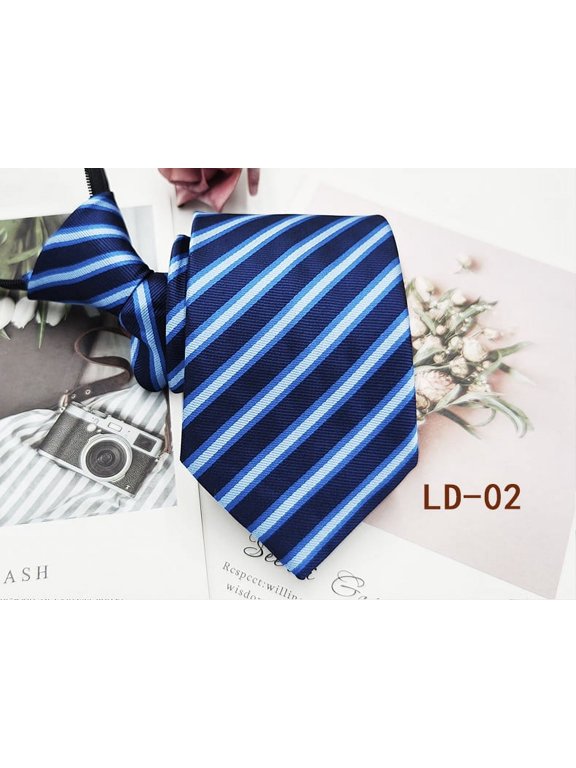 Mens Zipper Tie Business Wedding Solid Checks Striped Microfiber Necktie