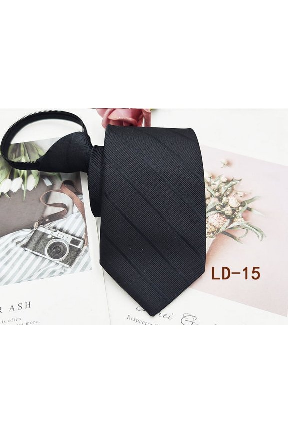 Mens Zipper Tie Business Wedding Solid Checks Striped Microfiber Necktie