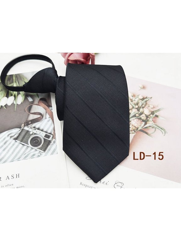 Mens Zipper Tie Business Wedding Solid Checks Striped Microfiber Necktie