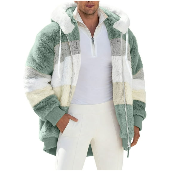 Mens Zipper Up Long Jacket Fuzzy Fleece Sherpa Casual Long Sleeve Coat Color Block Lightweight Winter Warm Hooded Outerwear