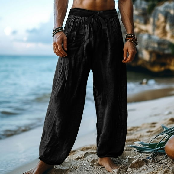 Mens and Big Men's Mens Pants Casual Loose Baggy Pocket Pants Solid Color Imitation Cotton And Linen Wide Leg With Belt Pants Men's Trousers