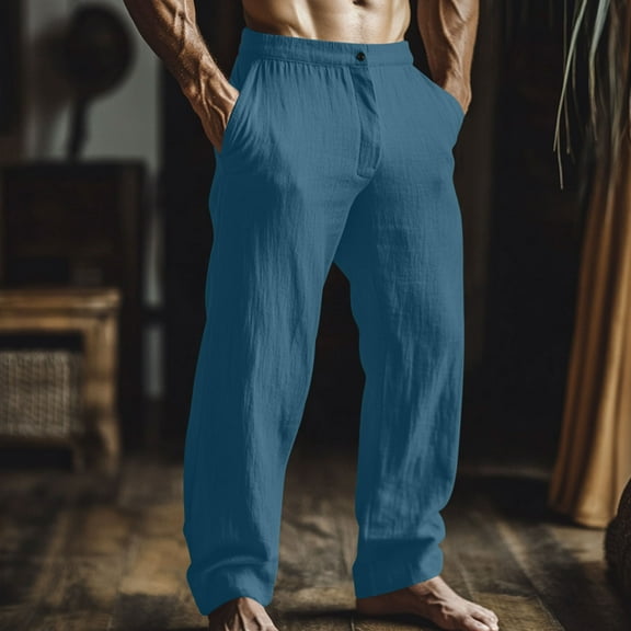 Mens and Big Men's Mens Pants Casual Loose Baggy Pocket Pants Solid Color Imitation Cotton And Linen Wide Leg With Zipper Button Pants Men's Trousers