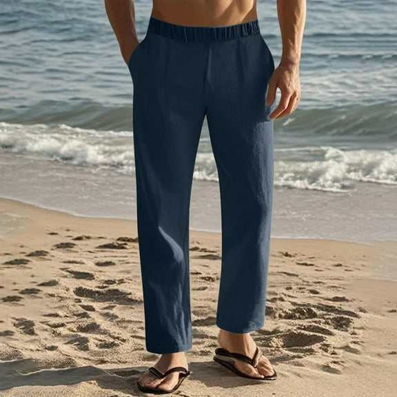 Mens and Big Men's Mens Pants Elastic Waist Breathable Comfortable Soft Beach Casual Trousers Full Length Pants With Stretch Men's Trousers