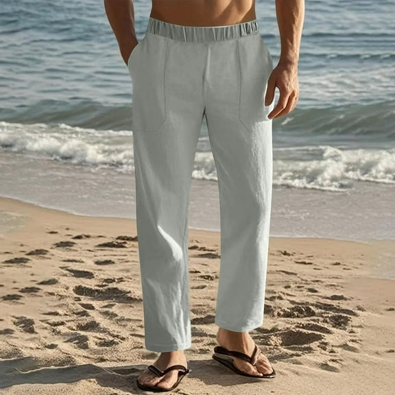 Mens and Big Men's Mens Pants Elastic Waist Breathable Comfortable Soft Beach Casual Trousers Full Length Pants With Stretch Men's Trousers