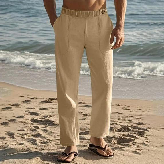 Mens and Big Men's Mens Pants Elastic Waist Breathable Comfortable Soft Beach Casual Trousers Full Length Pants With Stretch Men's Trousers