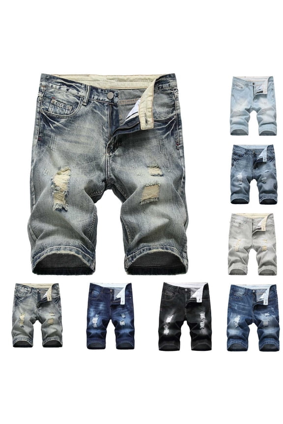 Mens and Big and Denim Shorts Ripped Trunks Stretchy Washed Jeans Trunks Cut-Off Classic Fit Biker Jeans Trunks Summer Denim Cargo Shorts Light Blue