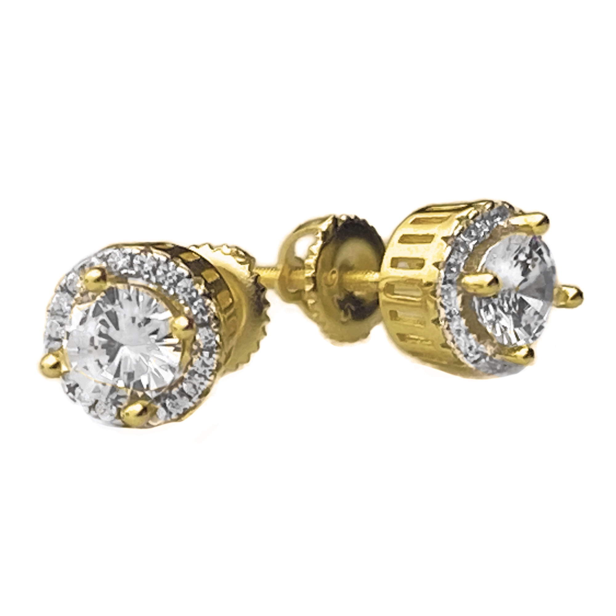 Mens and Women's 14k Gold Plated over Real Solid 925 Sterling Silver Hip Hop Earrings Iced Screw Back Round 8MM