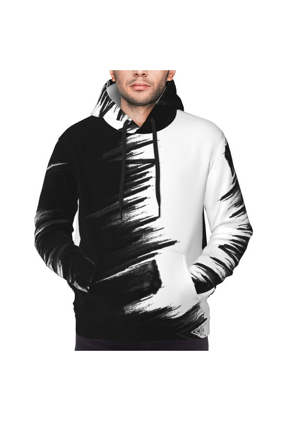 Mens black white Pullover Hoodie With Contrast Color Long Sleeve Sport Outwear Hooded Sweatshirt