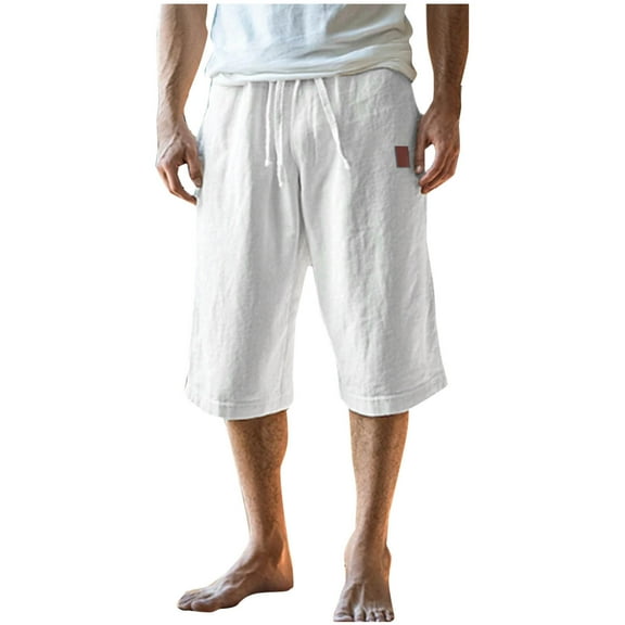 Mens capri pant Summer Beach Lightweight Below Knee Casual Cotton Shorts Drawstring Elastic Waist with Pockets