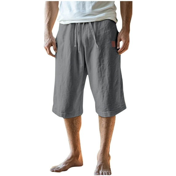 Mens capri pant Summer Beach Lightweight Below Knee Casual Cotton Shorts Drawstring Elastic Waist with Pockets