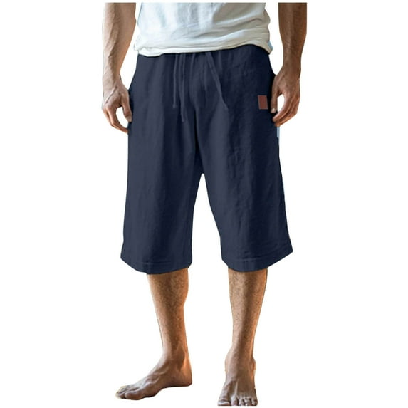 Mens capri pant Summer Beach Lightweight Below Knee Casual Cotton Shorts Drawstring Elastic Waist with Pockets