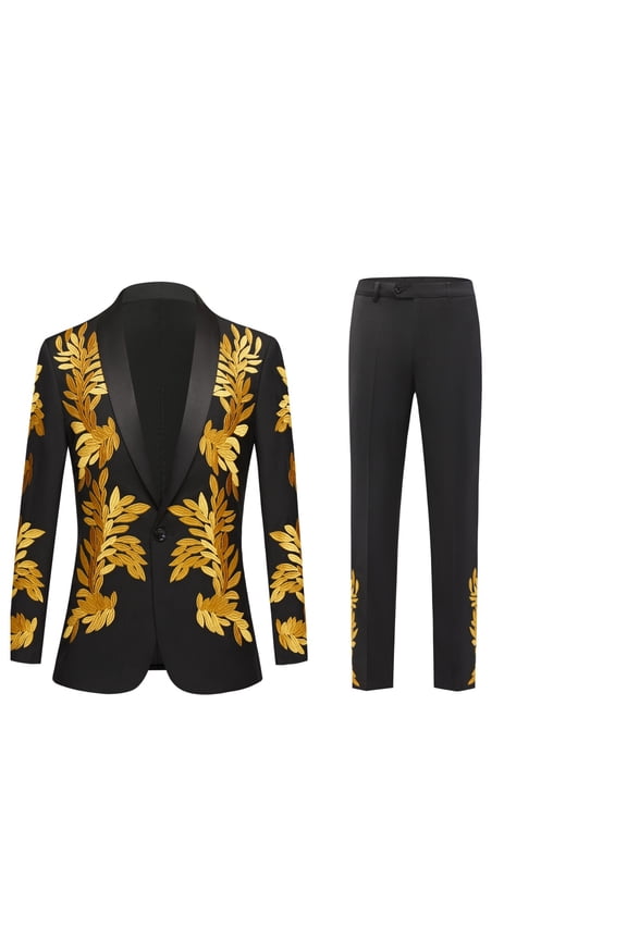 Mens embroider 2 Piece Suits Black Slim Fit Peaked Lapel One Button Tuxedo Wedding Dinner Jacket Trousers Set