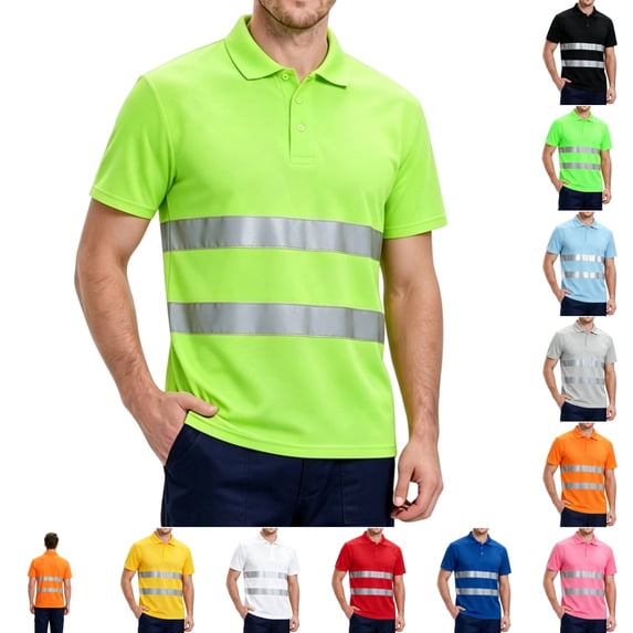 Mens high vis shirts Quick Dry Hi Vis Reflective Safety Short Sleeve Polo Shirts Construction Work Shirts with Reflective Strips Light Green L