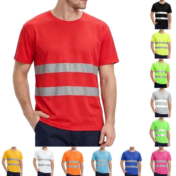 Mens high vis shirts Quick Dry Hi Vis Reflective Safety Short Sleeve Shirts Construction Work Shirts with Reflective Strips Red 4XL