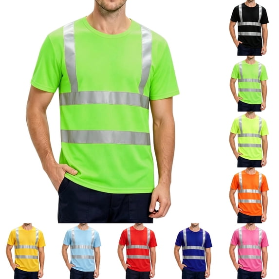 Mens high vis shirts Quick Dry Hi Vis Reflective Safety Short Sleeve T Shirts Construction Work Shirts with Reflective Strips Green L