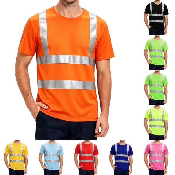 Mens high vis shirts Quick Dry Hi Vis Reflective Safety Short Sleeve T Shirts Construction Work Shirts with Reflective Strips Orange 4XL