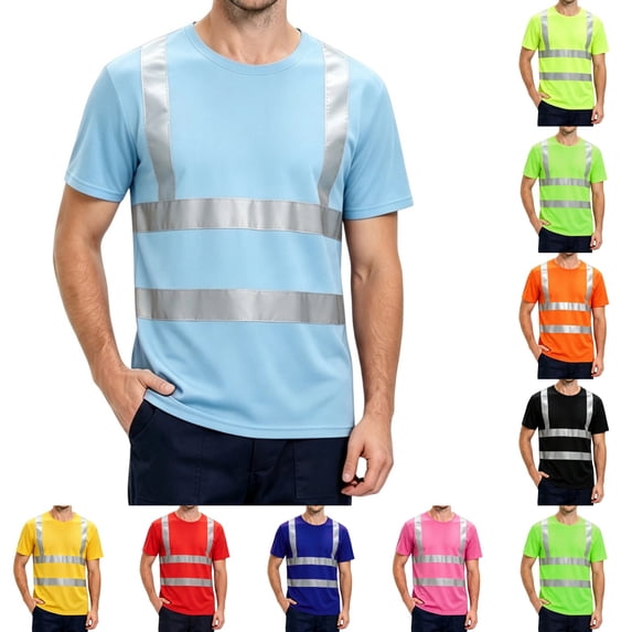 Mens high vis shirts Quick Dry Hi Vis Reflective Safety Short Sleeve T Shirts Construction Work Shirts with Reflective Strips Sky Blue L