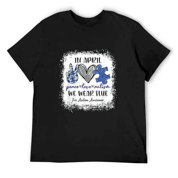 Mens in april we wear blue for autism awareness peace love autism T-Shirt Black Medium