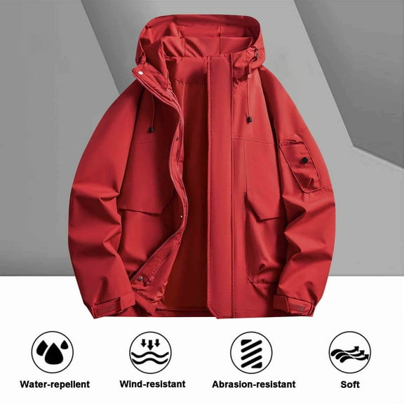 Mens jacket Unisex Men Women Solid-Color Trench Coat Waterproof Outdoor Zipper Pocket Long Sleeve Hooded Casual Outwear Jacket Casual Stylish Fashion Comfy Rainwaterproof Jacket Men Zip Up jacket