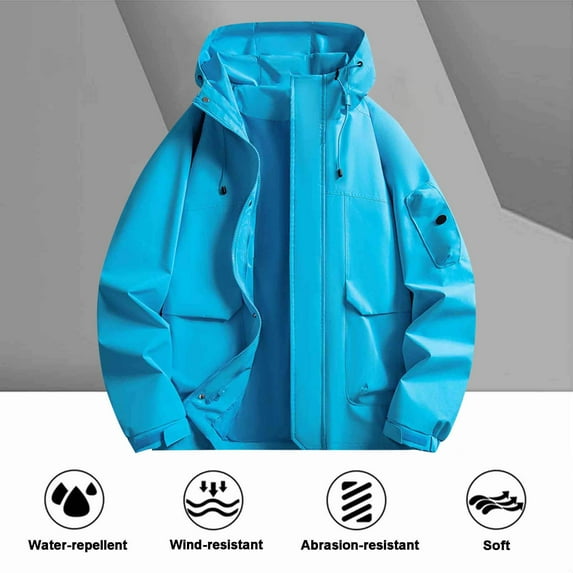 Mens jacket Unisex Men Women Solid-Color Trench Coat Waterproof Outdoor Zipper Pocket Long Sleeve Hooded Casual Outwear Jacket Mens Tops Fashion Comfy Rainwaterproof Jacket Men Zip Up jacket