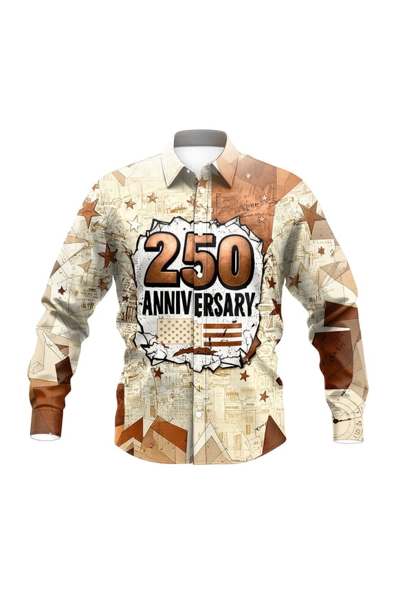 Mens long sleeve button down shirt 250 anniversary graphic print casual collared top Beige L