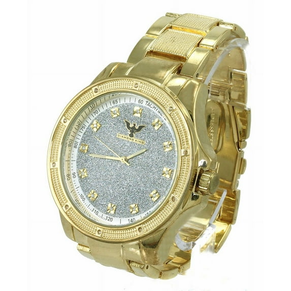 Mens natural diamond gold-tone business watch 52mm 14mm thick. Diamond accent bezel, Silver bling dial, 22mm wide gold tone metal link bracelet fits 8.5 inches