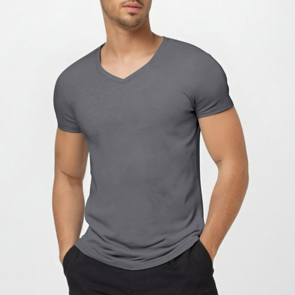 Mens T Shirts Workout Slim Fit Solid Color V Neck Short Sleeve Workout Shirts Lightweight 2026 Spring Summer Fall Blouses Pullover Outfits Grey XXXL/.....