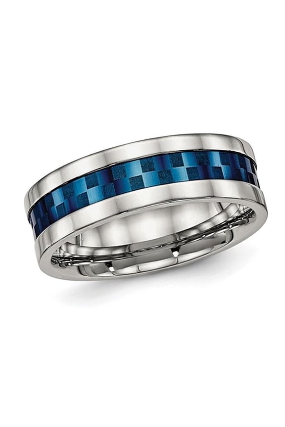 Mens or Ladies Blue IP Plated Stainless Steel Checkered Band Ring (7mm) for Men