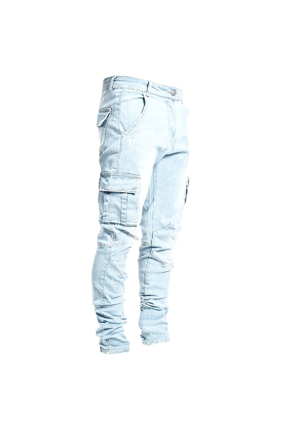 Mens polyester and Big Men's Loose Fit Jeans Side Pockets Small Feet Tight Fitting Pants Full Length Pants Jeans Light Blue M